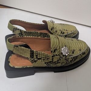 GANNI Embossed Snakeskin Loafer in Olive Drab Size 37 green Slingback